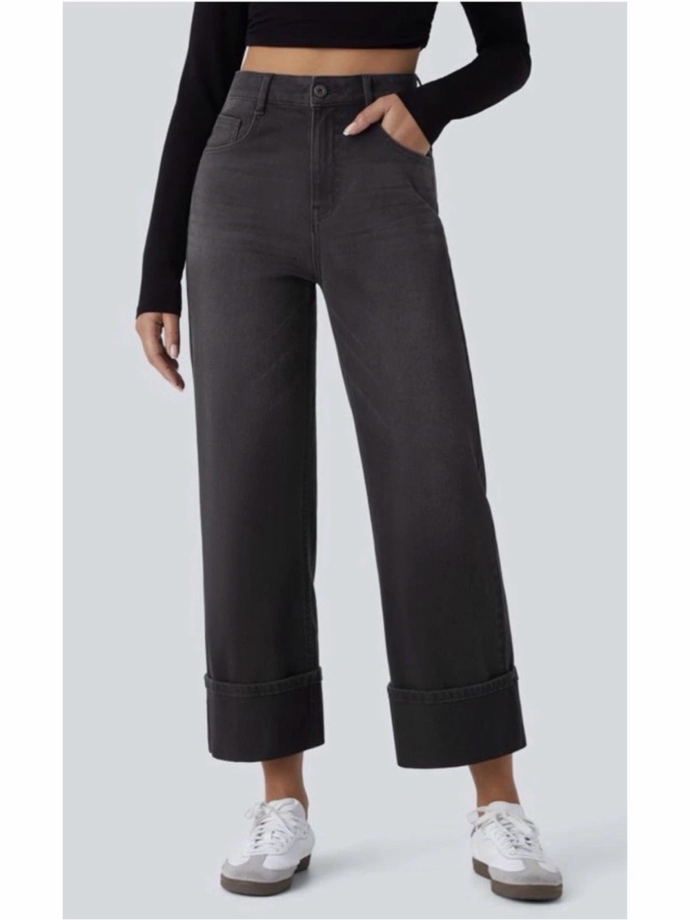 Halara High Waisted Rolled Hem Wide Leg Jeans Black